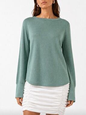 SUNDANCE Light Green Ribbed Long Sleeve Cotton Top Size XL